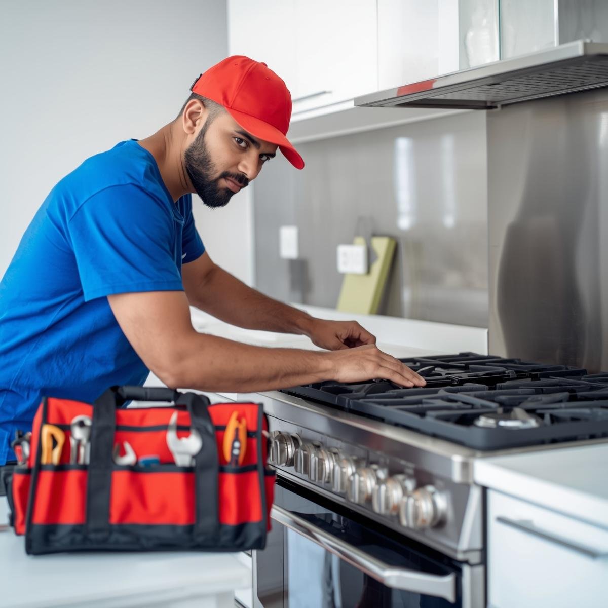 Faber Service Centre Technician repairing and installing a Faber cooking range with burners and oven in a modular kitchen.