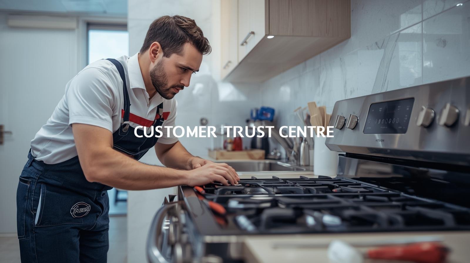 Technician repairing a Faber cooking range in a modern kitchen – Faber Service Centre