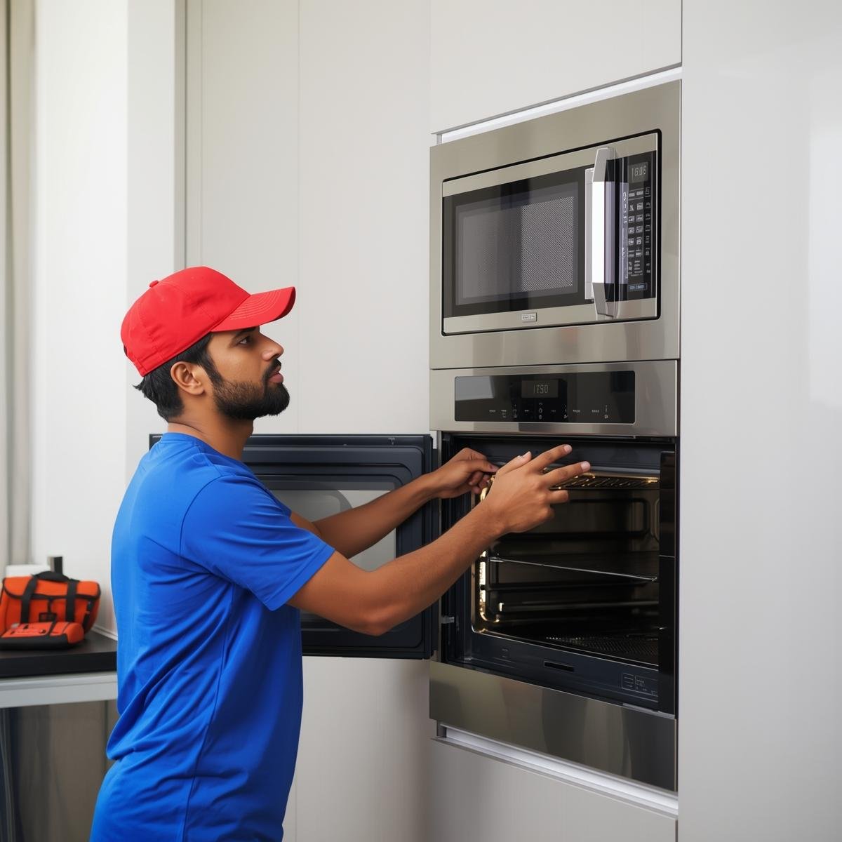 Technician repairing a Faber microwave oven and built-in oven in a modular kitchen.