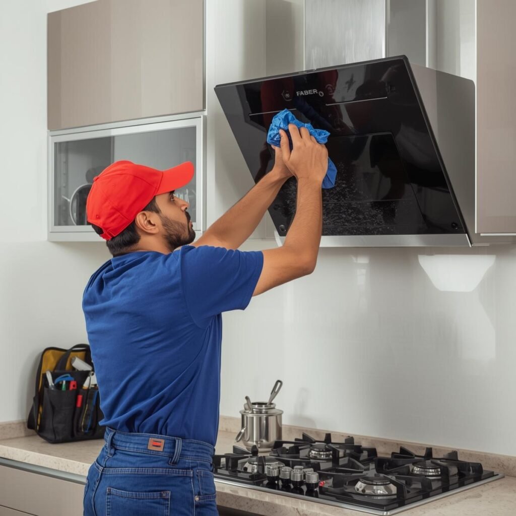 Technician repairing and installing a hob and cooktop in a modular kitchen.