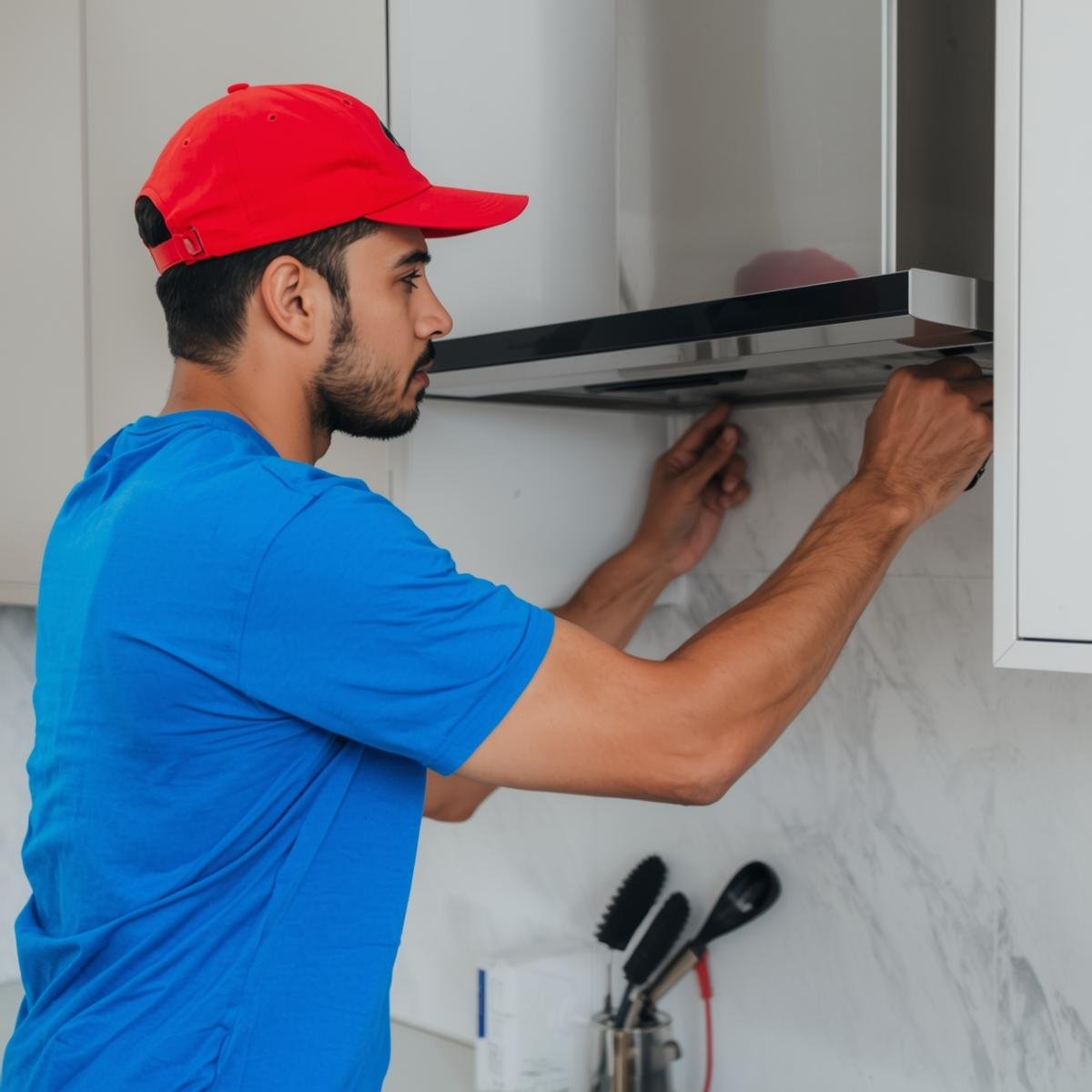 Technician repairing and installing a Faber chimney in a modern modular kitchen.