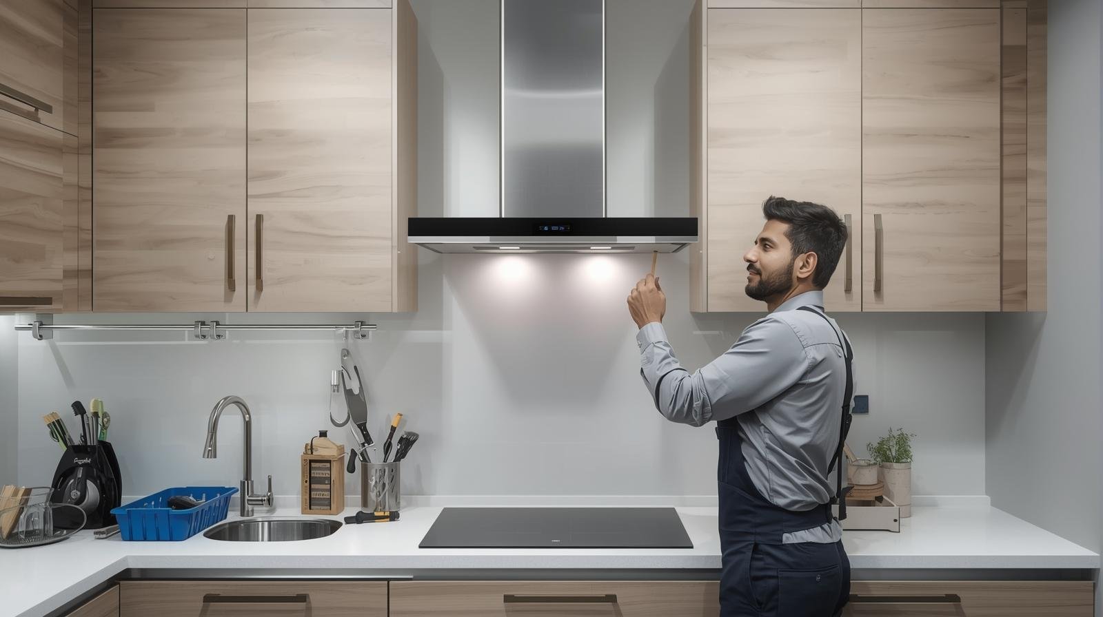 Faber service in Mumbai technician repairing kitchen chimney