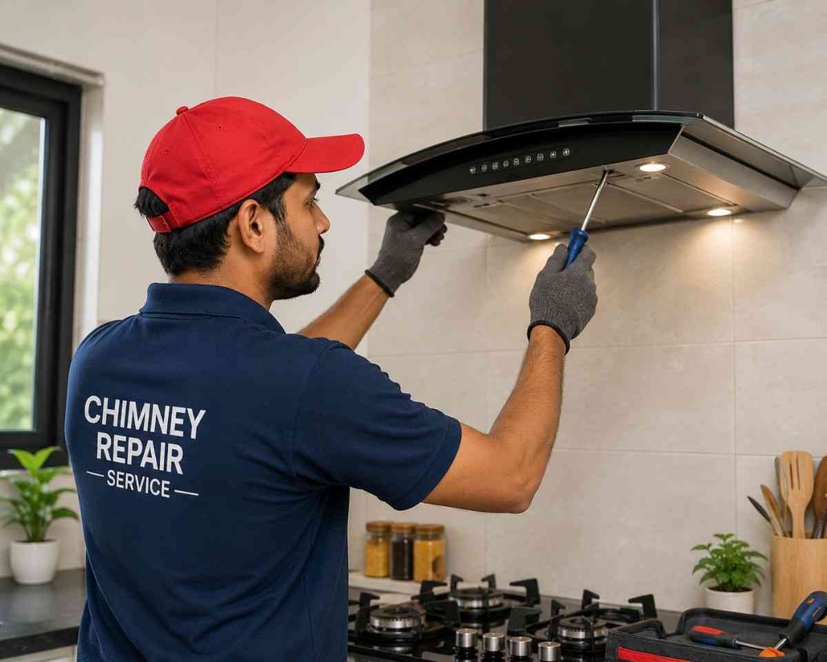 Faber chimney deep cleaning service in Andheri — technician removing grease from filters