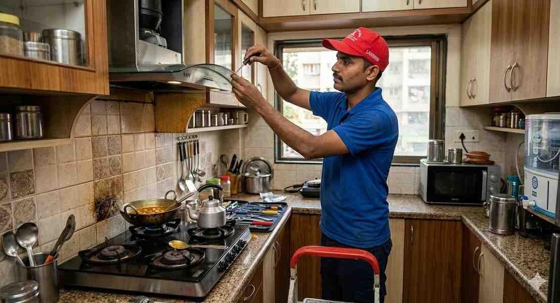 Faber chimney maintenance technician servicing a kitchen chimney at home in Andheri Mumbai