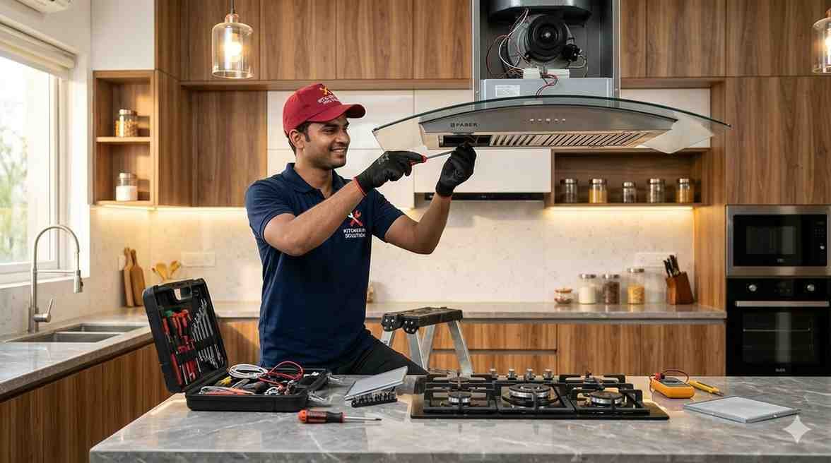 Faber chimney service in Navi Mumbai — technician cleaning kitchen chimney at home