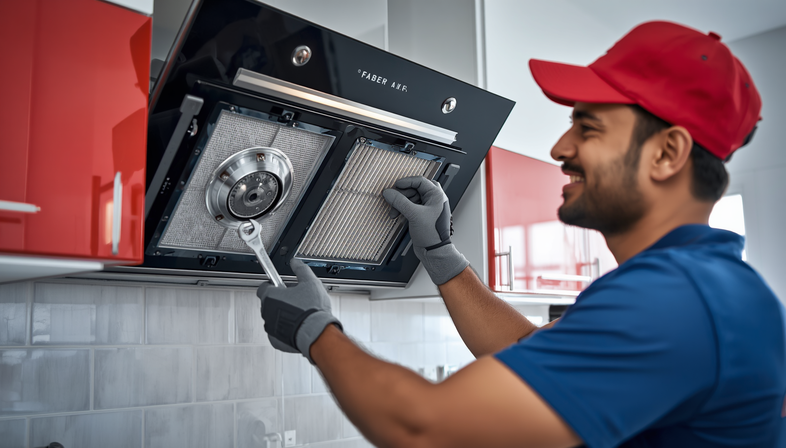 Technician servicing kitchen chimney in Goregaon