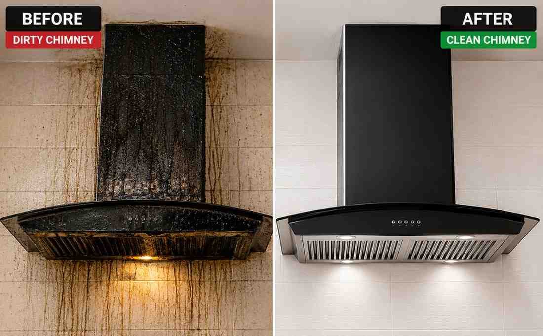 Faber chimney before and after professional service — dirty vs clean chimney comparison showing grease removal