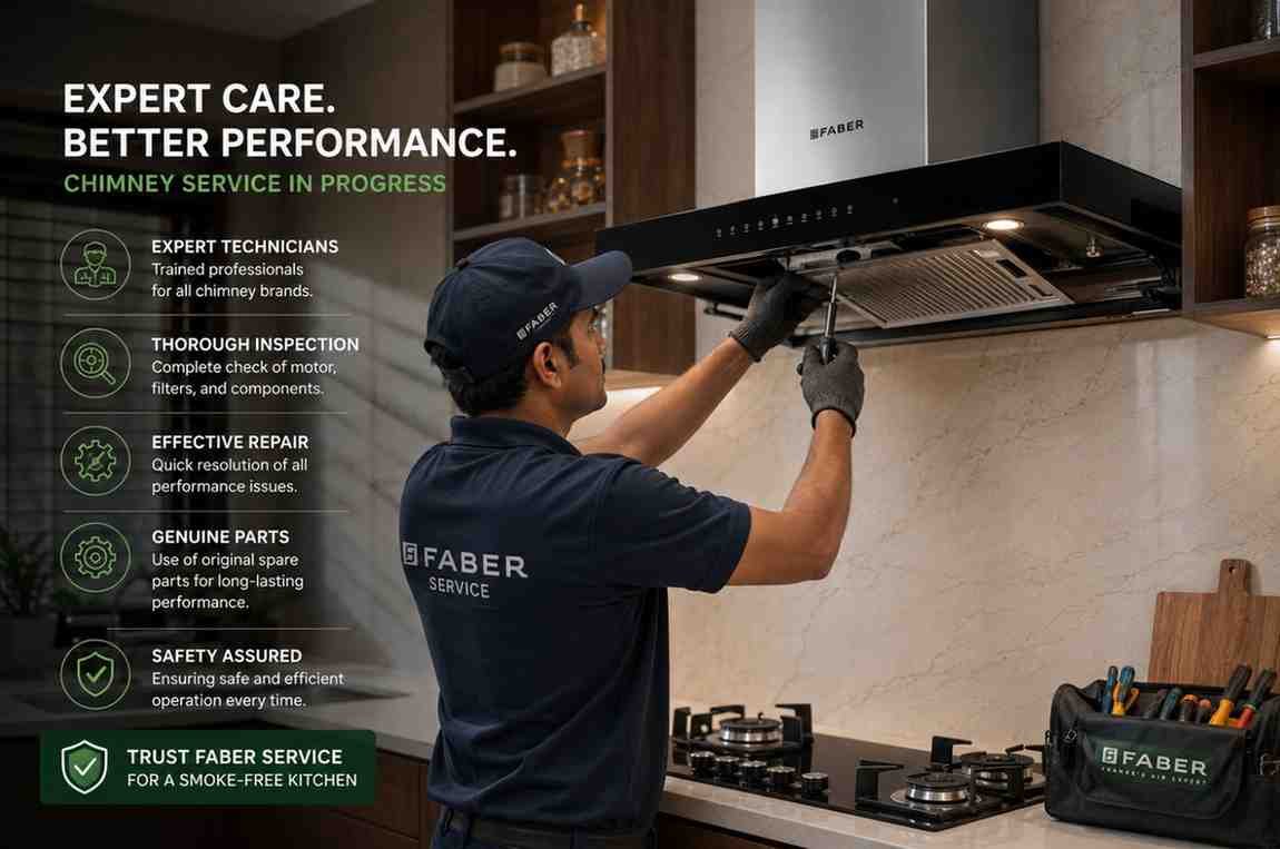 Faber chimney repair technician servicing kitchen chimney at a home in India during doorstep visit