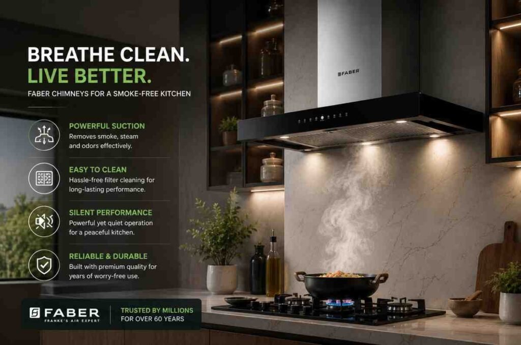 Faber chimney service and installation in a modern Indian kitchen with gas hob and elegant interior design