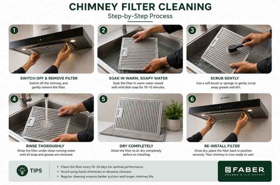 Faber chimney baffle filter cleaning step by step — home maintenance guide for mesh and baffle filters
