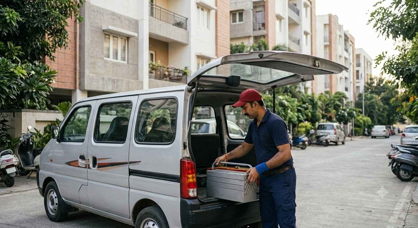 Faber technician service vehicle for doorstep chimney and hob repair in Bangalore
