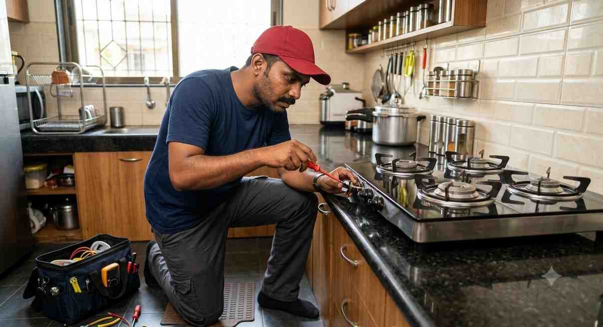 Faber authorized technician in blue uniform repairing auto ignition hob