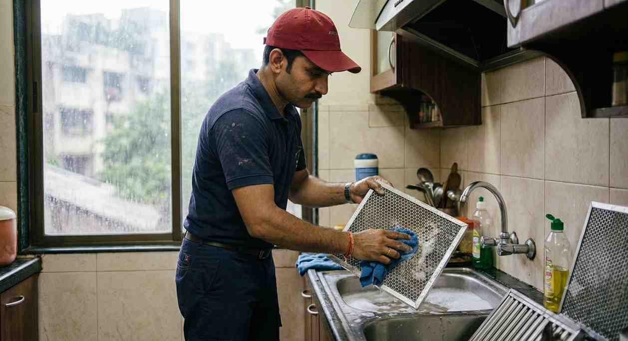 Technician cleaning Faber chimney filter as part of monsoon maintenance