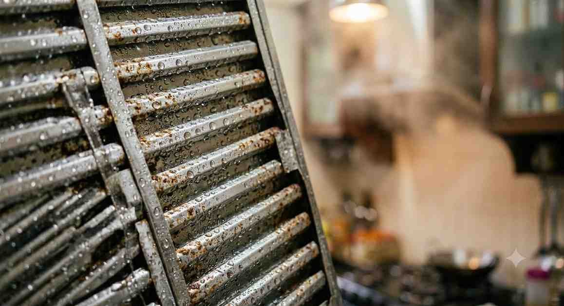 Moisture and rust buildup on Faber chimney filter during monsoon