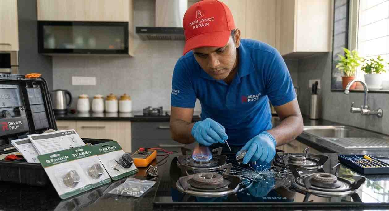 Technician inspecting cracked Faber glass hob top for repair