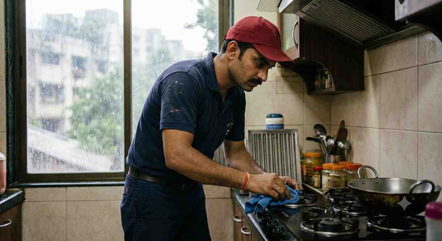 Technician drying Faber hob ignition area affected by monsoon moisture