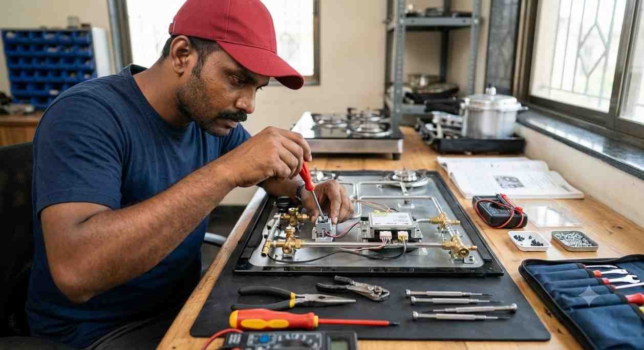 Technician replacing faulty ignition switch on Faber hob