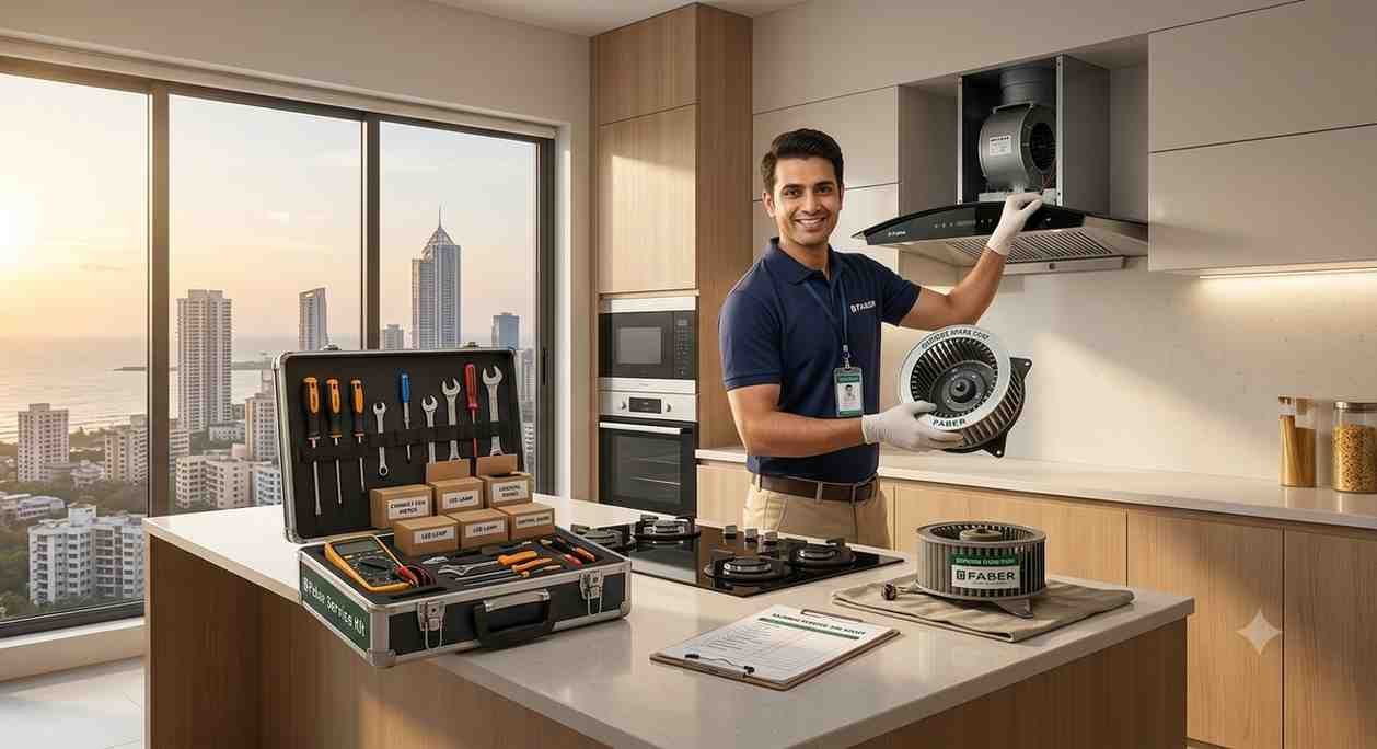 Genuine Faber spare parts being fitted during a chimney repair in Mumbai